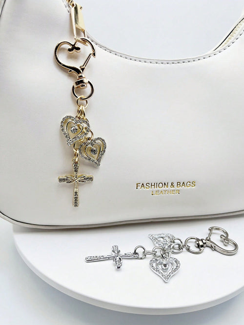 1pc Fashionable & Elegant Crystal Cross Heart Shaped Keychain, Women Bag Charm, Handbag Decor, Key Chain Accessory, Shoulder Bag Decoration, Room Decor, Graceful Crystal Heart Delicate Gift, Keyring A