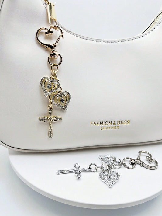 1pc Fashionable & Elegant Crystal Cross Heart Shaped Keychain, Women Bag Charm, Handbag Decor, Key Chain Accessory, Shoulder Bag Decoration, Room Decor, Graceful Crystal Heart Delicate Gift, Keyring A