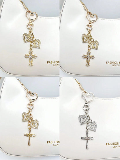 1pc Fashionable & Elegant Crystal Cross Heart Shaped Keychain, Women Bag Charm, Handbag Decor, Key Chain Accessory, Shoulder Bag Decoration, Room Decor, Graceful Crystal Heart Delicate Gift, Keyring A