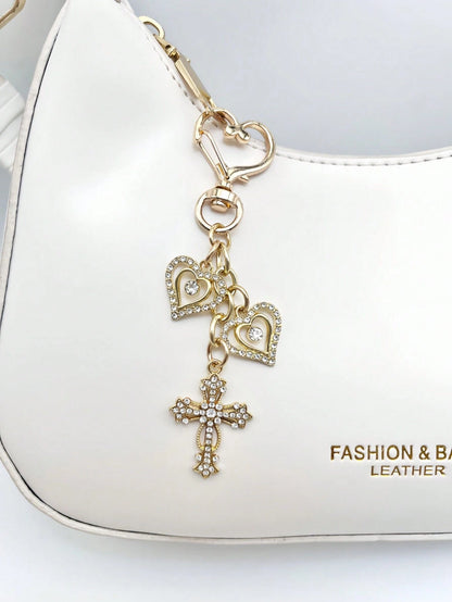 1pc Fashionable & Elegant Crystal Cross Heart Shaped Keychain, Women Bag Charm, Handbag Decor, Key Chain Accessory, Shoulder Bag Decoration, Room Decor, Graceful Crystal Heart Delicate Gift, Keyring A