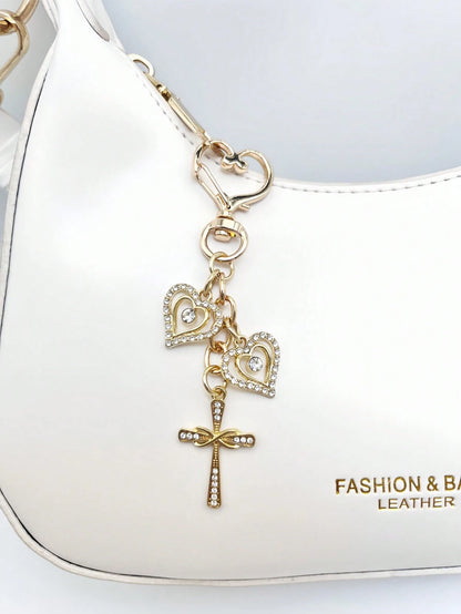 1pc Fashionable & Elegant Crystal Cross Heart Shaped Keychain, Women Bag Charm, Handbag Decor, Key Chain Accessory, Shoulder Bag Decoration, Room Decor, Graceful Crystal Heart Delicate Gift, Keyring A