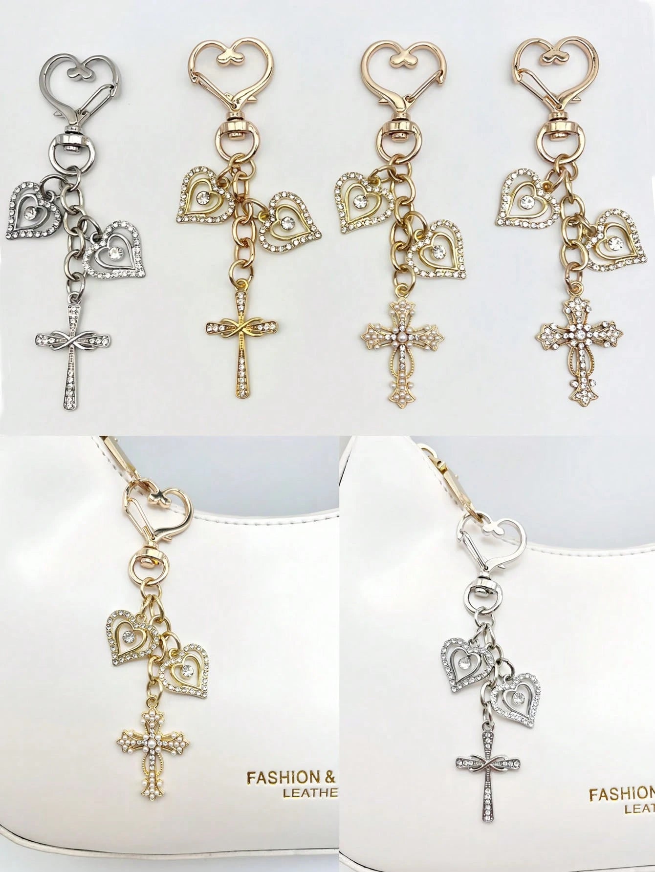 1pc Fashionable & Elegant Crystal Cross Heart Shaped Keychain, Women Bag Charm, Handbag Decor, Key Chain Accessory, Shoulder Bag Decoration, Room Decor, Graceful Crystal Heart Delicate Gift, Keyring A