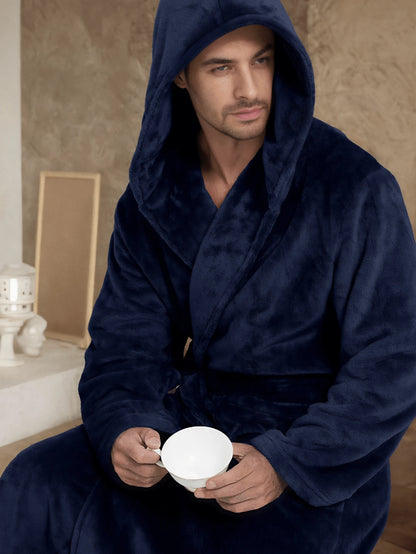 1pc Flannel Thick Autumn/Winter Soft & Comfortable Couple Double Pocket Luxury Fleece Hooded Belted Bathrobe For Men, For Fall Winter, Fluffy, Cozy