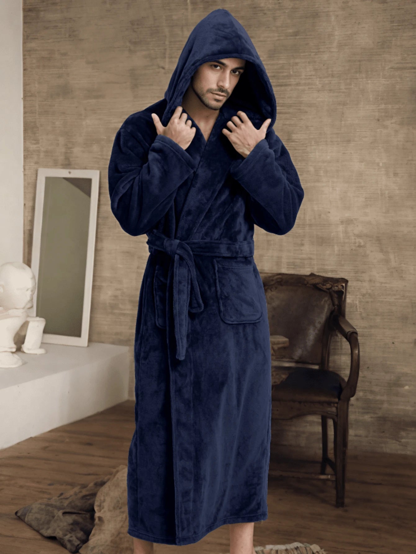 1pc Flannel Thick Autumn/Winter Soft & Comfortable Couple Double Pocket Luxury Fleece Hooded Belted Bathrobe For Men, For Fall Winter, Fluffy, Cozy