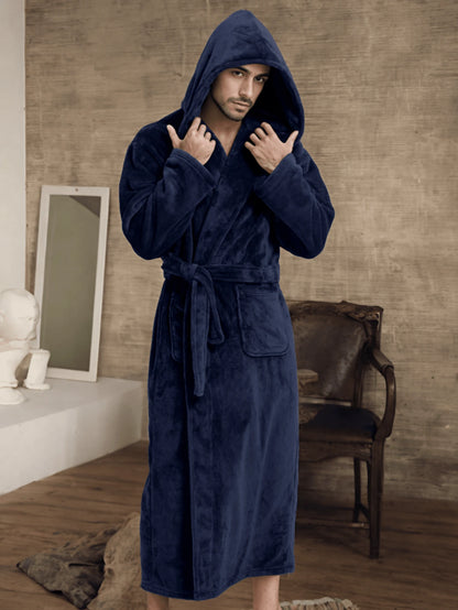 1pc Flannel Thick Autumn/Winter Soft & Comfortable Couple Double Pocket Luxury Fleece Hooded Belted Bathrobe For Men, For Fall Winter, Fluffy, Cozy
