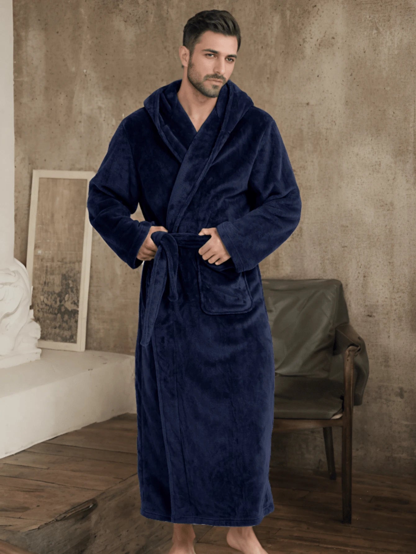 1pc Flannel Thick Autumn/Winter Soft & Comfortable Couple Double Pocket Luxury Fleece Hooded Belted Bathrobe For Men, For Fall Winter, Fluffy, Cozy