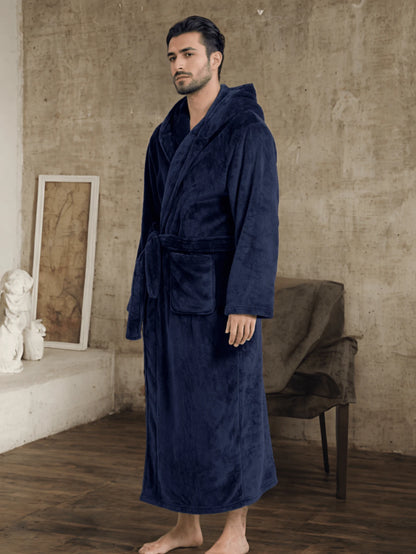 1pc Flannel Thick Autumn/Winter Soft & Comfortable Couple Double Pocket Luxury Fleece Hooded Belted Bathrobe For Men, For Fall Winter, Fluffy, Cozy