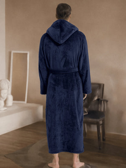 1pc Flannel Thick Autumn/Winter Soft & Comfortable Couple Double Pocket Luxury Fleece Hooded Belted Bathrobe For Men, For Fall Winter, Fluffy, Cozy