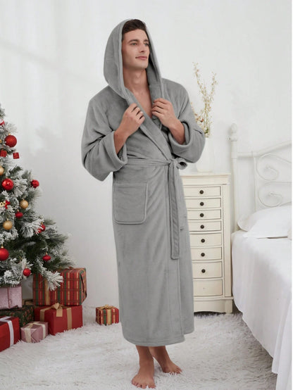 1pc Flannel Thick Autumn/Winter Soft & Comfortable Couple Double Pocket Luxury Fleece Hooded Belted Bathrobe For Men, For Fall Winter, Fluffy, Cozy