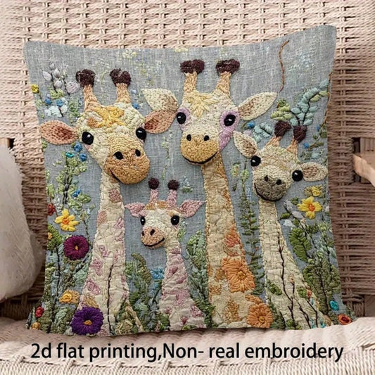 1pc Floral & Giraffe Family Decorative Pillow Cover, 18x18 Inches, Soft Polyester, Zippered Closure, Perfect For Living Room Sofa Home Decor, Bedroom Headboard Cushion, Pillow Insert Not Included