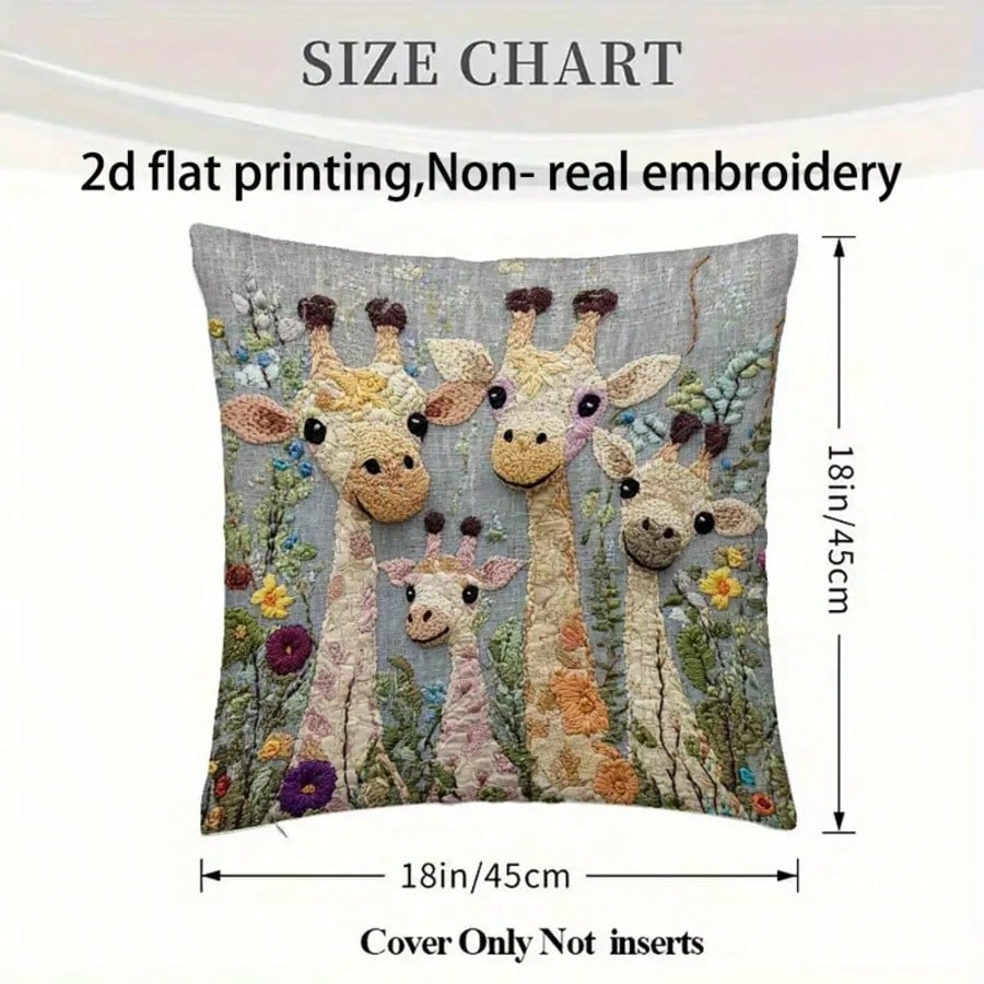 1pc Floral & Giraffe Family Decorative Pillow Cover, 18x18 Inches, Soft Polyester, Zippered Closure, Perfect For Living Room Sofa Home Decor, Bedroom Headboard Cushion, Pillow Insert Not Included