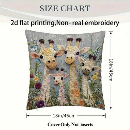 1pc Floral & Giraffe Family Decorative Pillow Cover, 18x18 Inches, Soft Polyester, Zippered Closure, Perfect For Living Room Sofa Home Decor, Bedroom Headboard Cushion, Pillow Insert Not Included