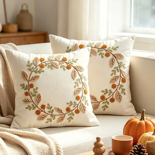 1pc Garland Fall Throw Pillow Covers Embroidery Autumn Thanksgiving Leaf Maple Leaves Decorative Cushion Cases Decor Home Decorations For Couch Patio Furniture Bed Room Livingroom Sofa Porch