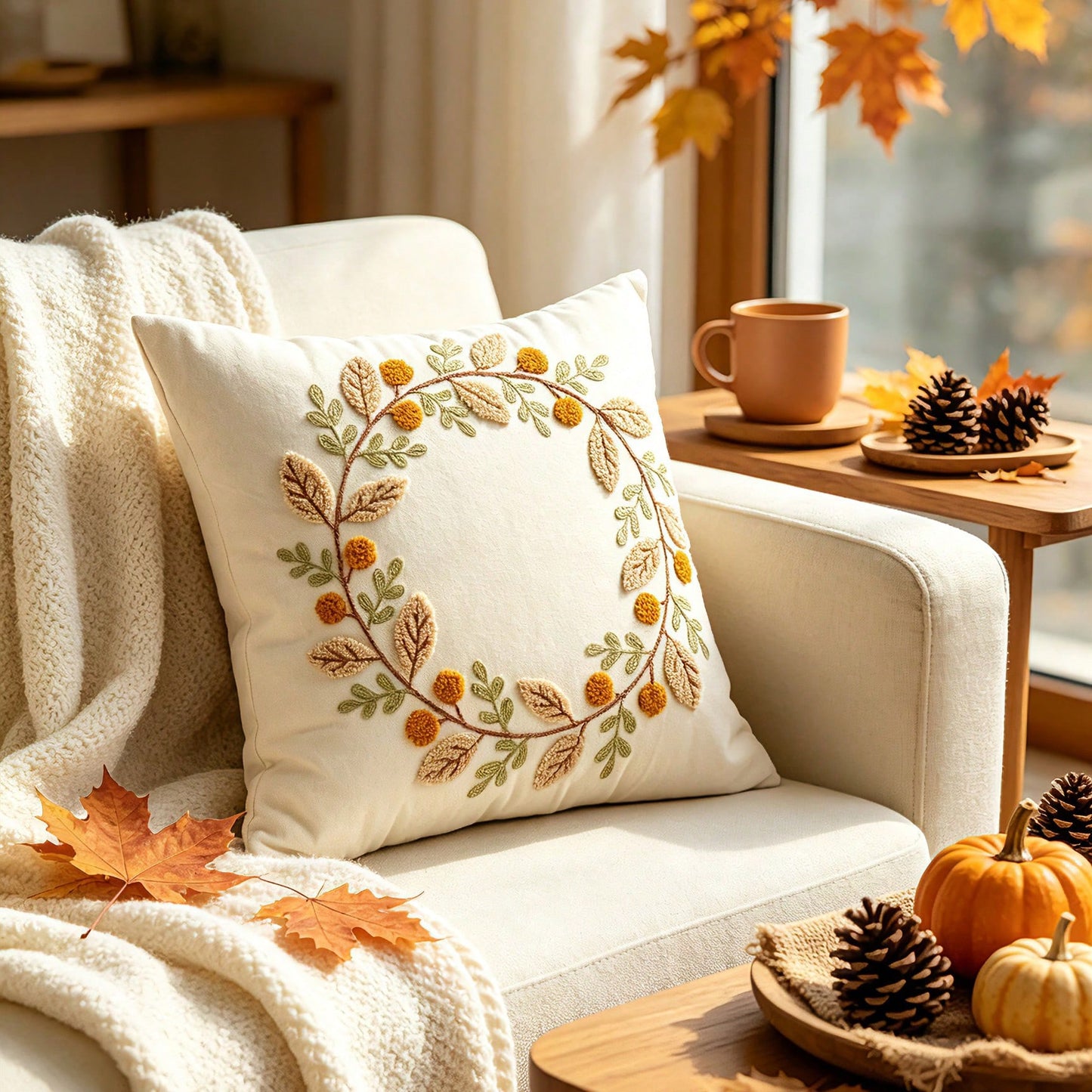 1pc Garland Fall Throw Pillow Covers Embroidery Autumn Thanksgiving Leaf Maple Leaves Decorative Cushion Cases Decor Home Decorations For Couch Patio Furniture Bed Room Livingroom Sofa Porch
