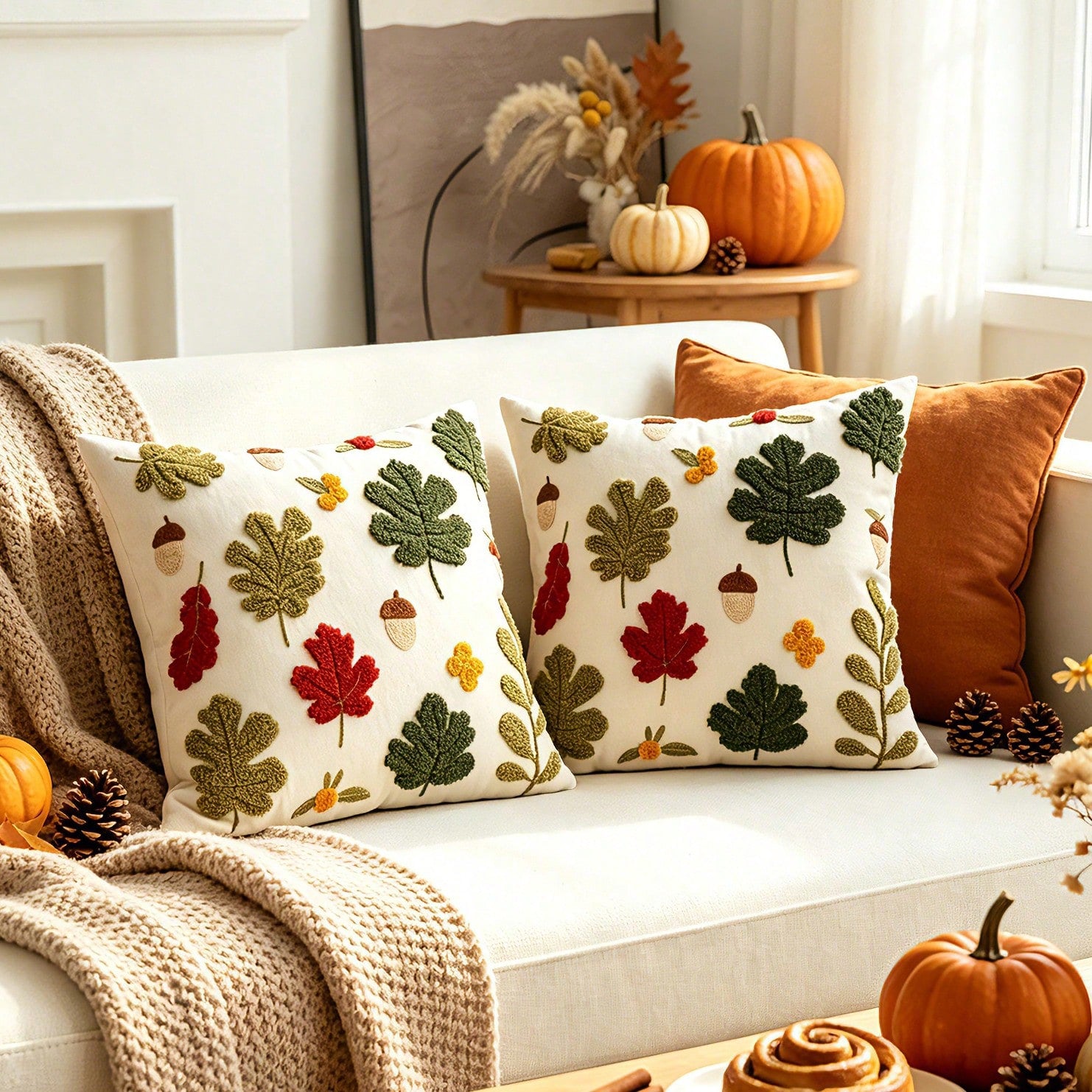 1pc Garland Fall Throw Pillow Covers Embroidery Autumn Thanksgiving Leaf Maple Leaves Decorative Cushion Cases Decor Home Decorations For Couch Patio Furniture Bed Room Livingroom Sofa Porch