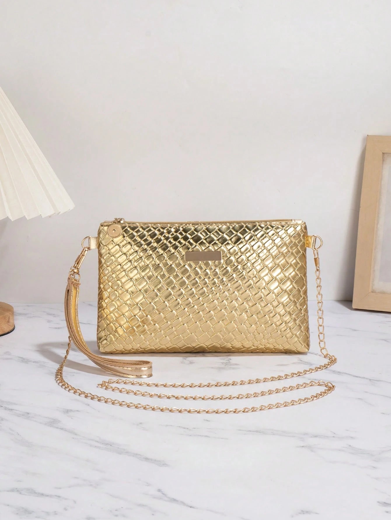 1pc Gold Crocodile Embossed PU Minimalist Clutch Bag With Metal Chain Shoulder Strap & Coin Purse, Wedding Items
