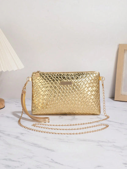 1pc Gold Crocodile Embossed PU Minimalist Clutch Bag With Metal Chain Shoulder Strap & Coin Purse, Wedding Items