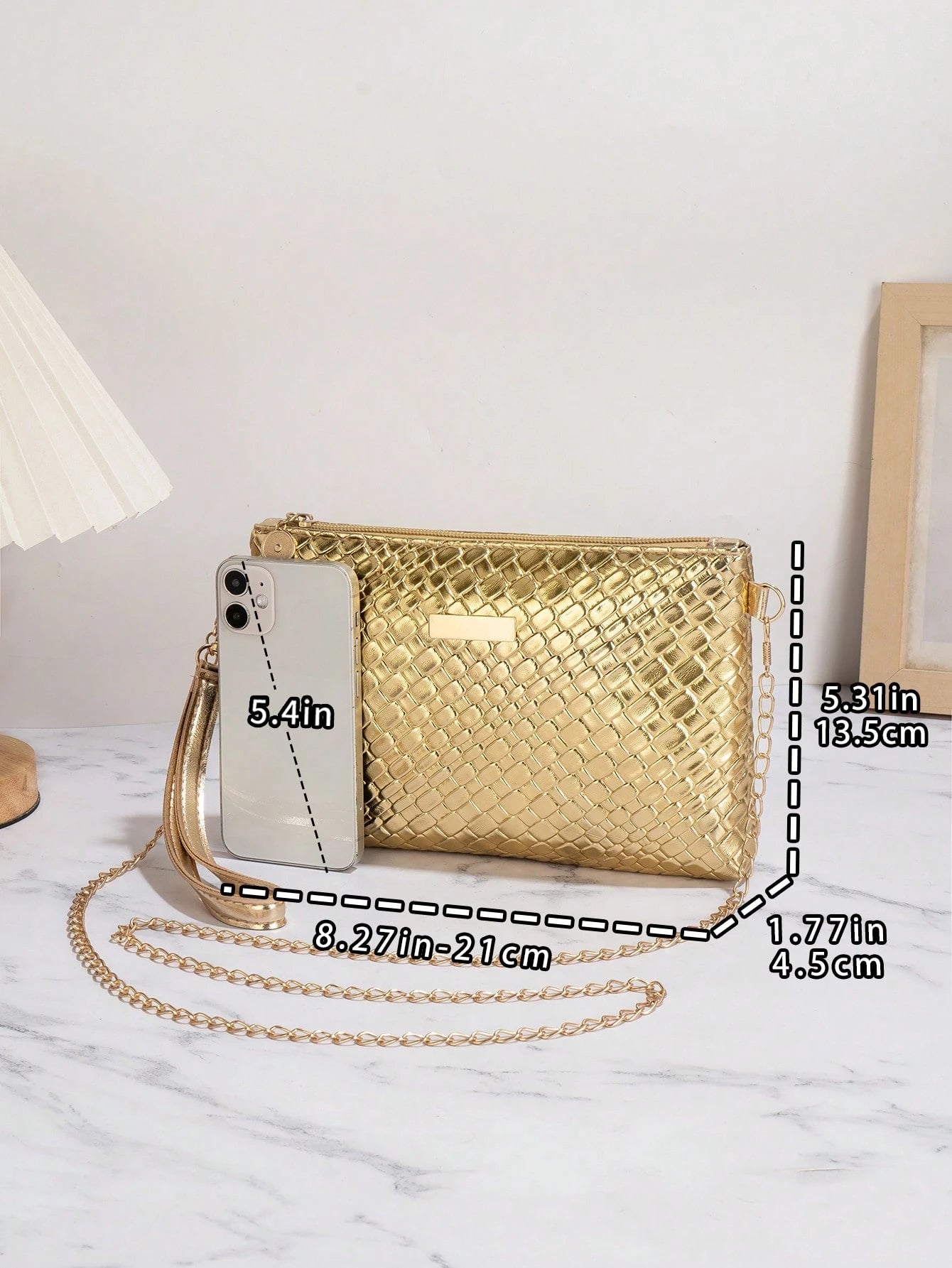 1pc Gold Crocodile Embossed PU Minimalist Clutch Bag With Metal Chain Shoulder Strap & Coin Purse, Wedding Items