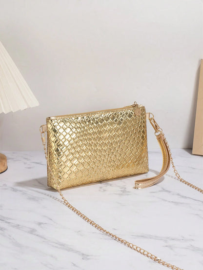 1pc Gold Crocodile Embossed PU Minimalist Clutch Bag With Metal Chain Shoulder Strap & Coin Purse, Wedding Items