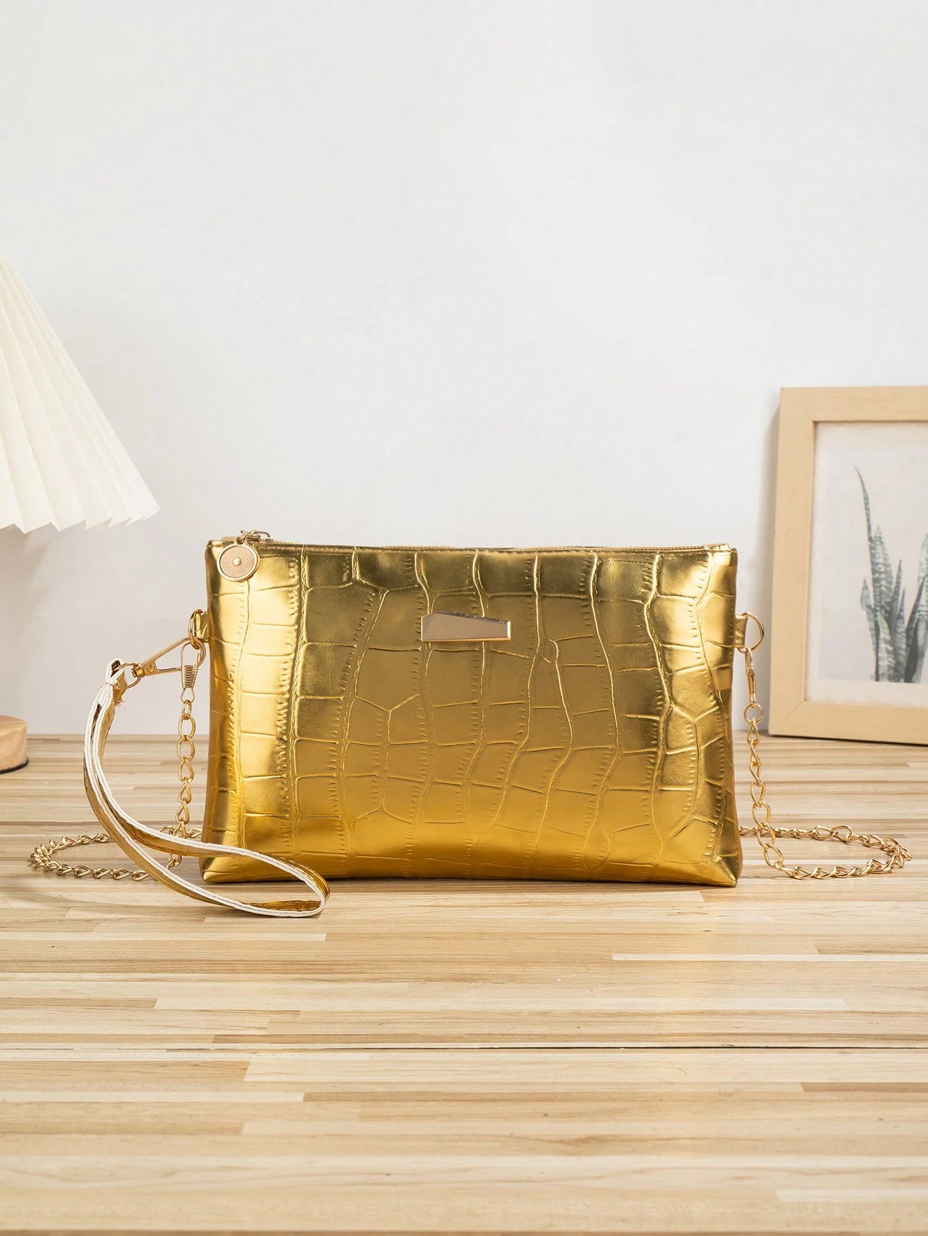 1pc Gold Crocodile Embossed PU Minimalist Clutch Bag With Metal Chain Shoulder Strap & Coin Purse, Wedding Items