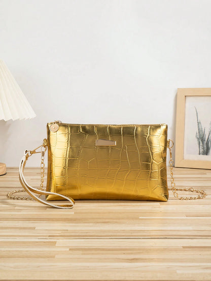 1pc Gold Crocodile Embossed PU Minimalist Clutch Bag With Metal Chain Shoulder Strap & Coin Purse, Wedding Items
