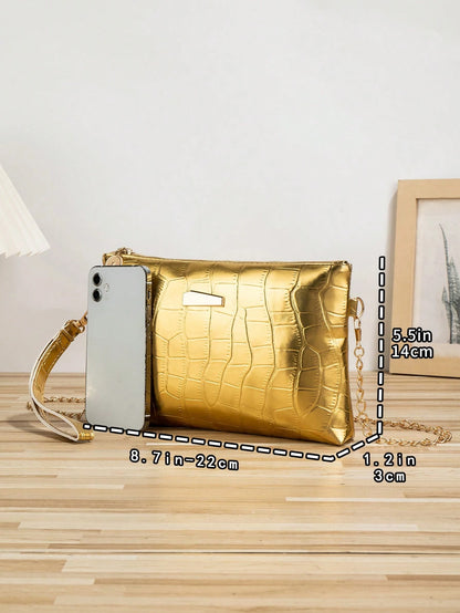1pc Gold Crocodile Embossed PU Minimalist Clutch Bag With Metal Chain Shoulder Strap & Coin Purse, Wedding Items
