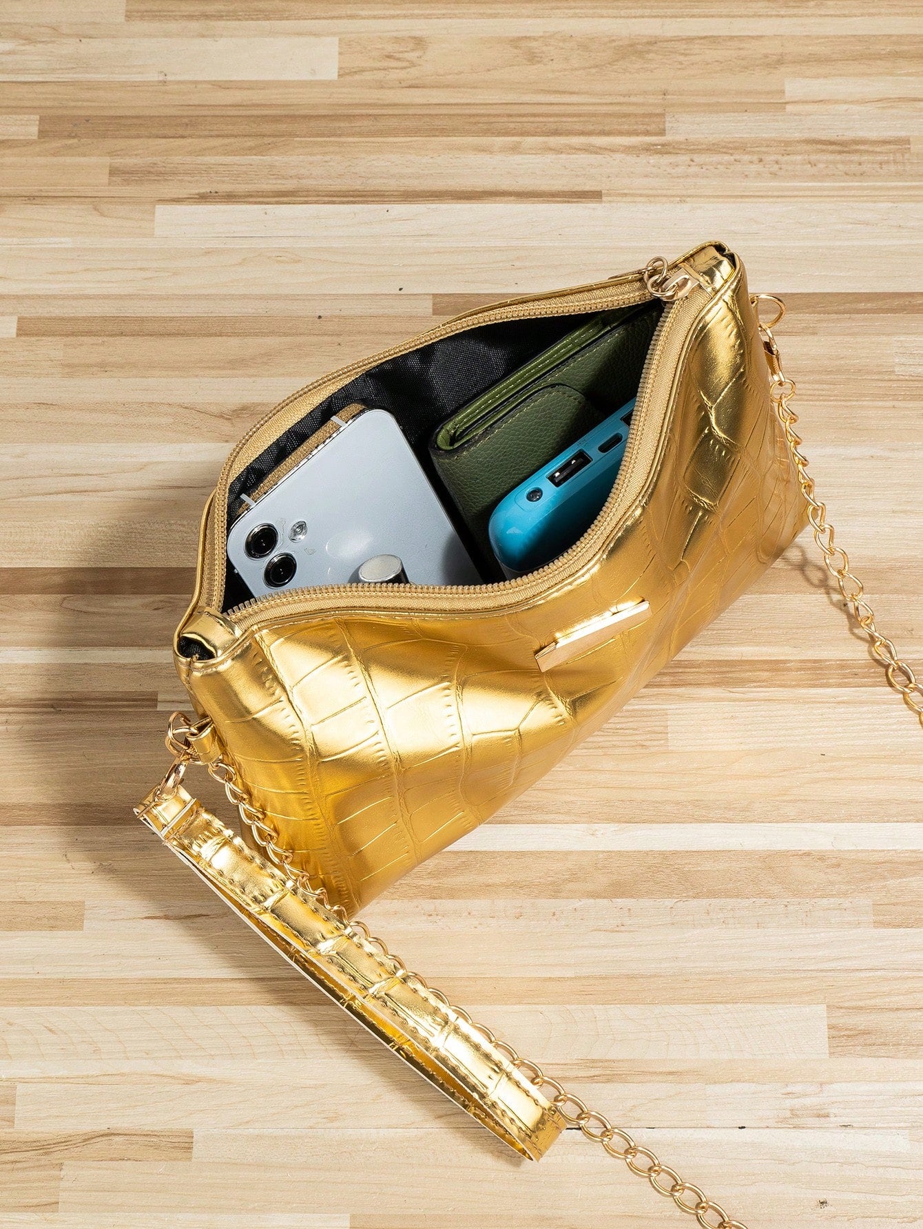 1pc Gold Crocodile Embossed PU Minimalist Clutch Bag With Metal Chain Shoulder Strap & Coin Purse, Wedding Items