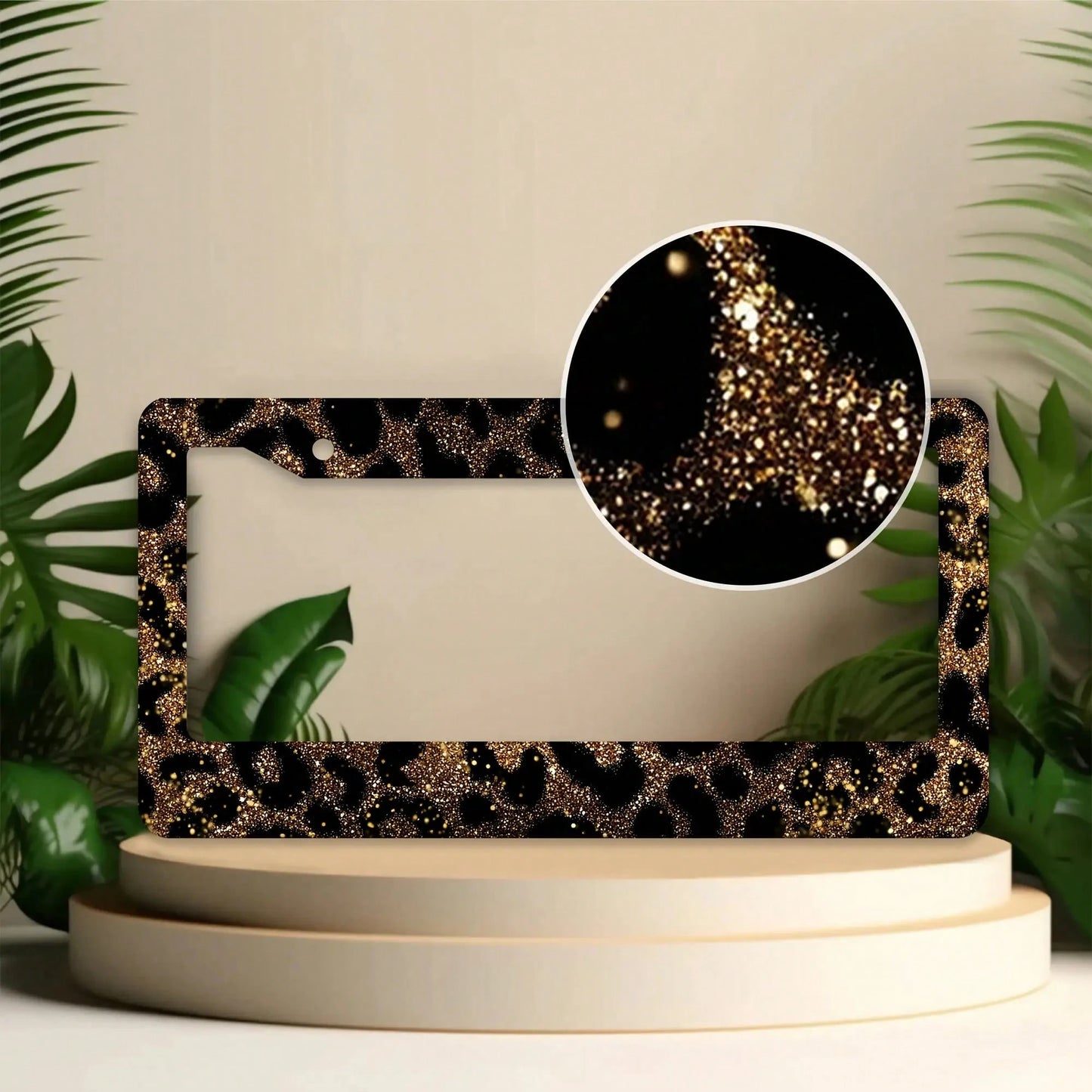 1Pc Gold Glitter Leopard Print Aluminum License Plate Frame 12.2x6.3inch, Rust Shock Weather Resistant With Mounting Kits Stylish Car Decor Cover License Plate, Car Accessories, Motorcycle Accessorie