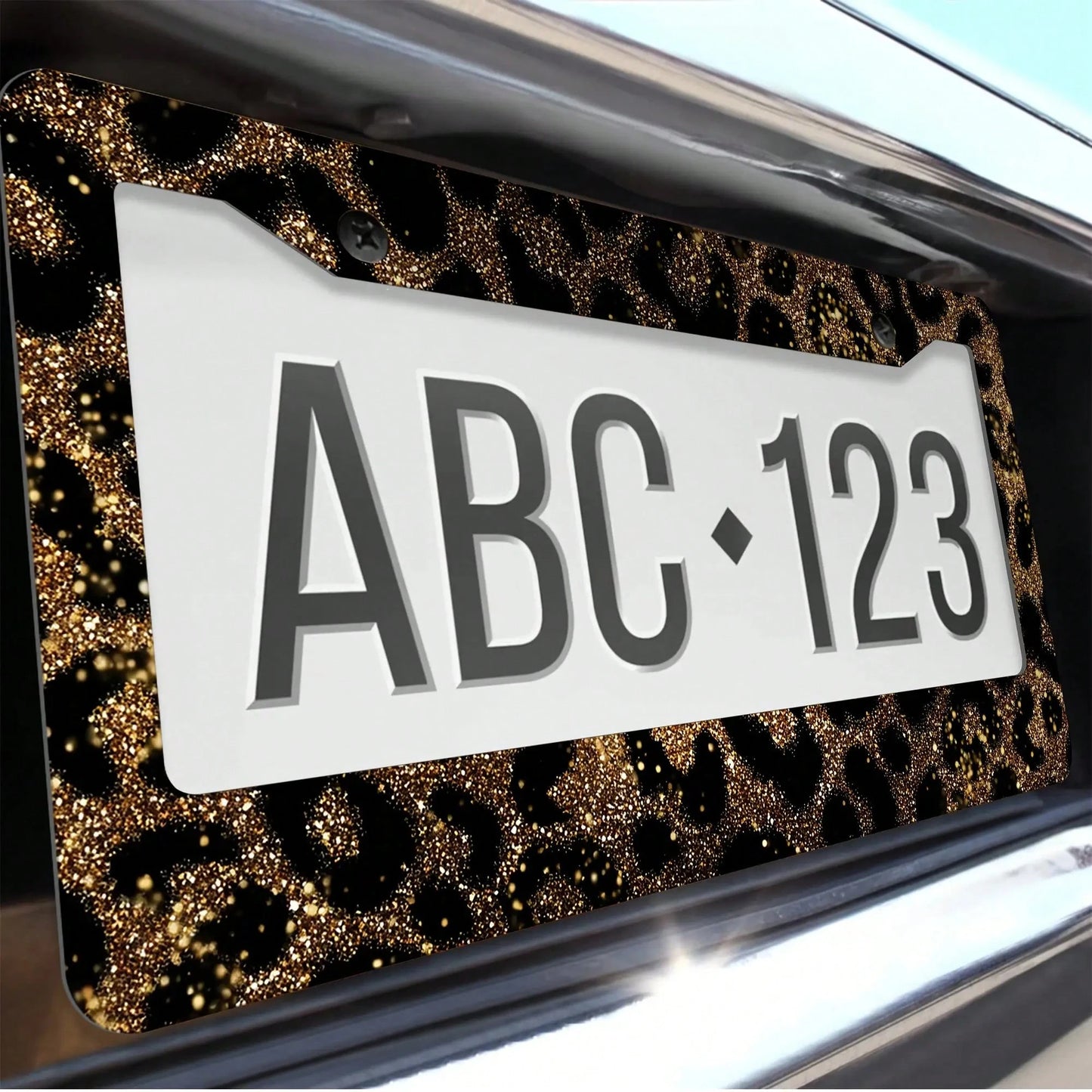 1Pc Gold Glitter Leopard Print Aluminum License Plate Frame 12.2x6.3inch, Rust Shock Weather Resistant With Mounting Kits Stylish Car Decor Cover License Plate, Car Accessories, Motorcycle Accessorie