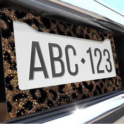 1Pc Gold Glitter Leopard Print Aluminum License Plate Frame 12.2x6.3inch, Rust Shock Weather Resistant With Mounting Kits Stylish Car Decor Cover License Plate, Car Accessories, Motorcycle Accessorie