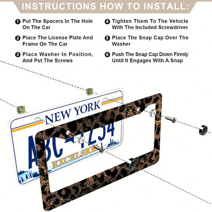 1Pc Gold Glitter Leopard Print Aluminum License Plate Frame 12.2x6.3inch, Rust Shock Weather Resistant With Mounting Kits Stylish Car Decor Cover License Plate, Car Accessories, Motorcycle Accessorie