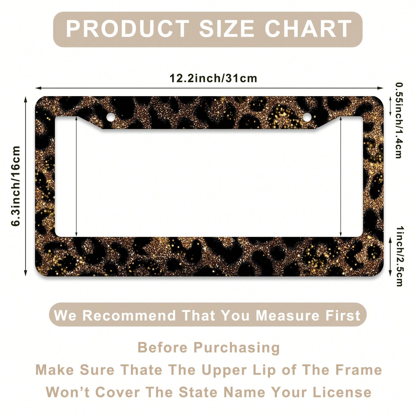 1Pc Gold Glitter Leopard Print Aluminum License Plate Frame 12.2x6.3inch, Rust Shock Weather Resistant With Mounting Kits Stylish Car Decor Cover License Plate, Car Accessories, Motorcycle Accessorie