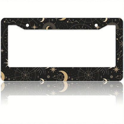 1PC Gold Sun, Moon, And Star License Plate Frame Bracket Car Accessory, Stainless Steel License Plate Holder, With Screws, Suitable For Both Men And Women, Dimensions Are 12.2inch X 6.3inch Cm