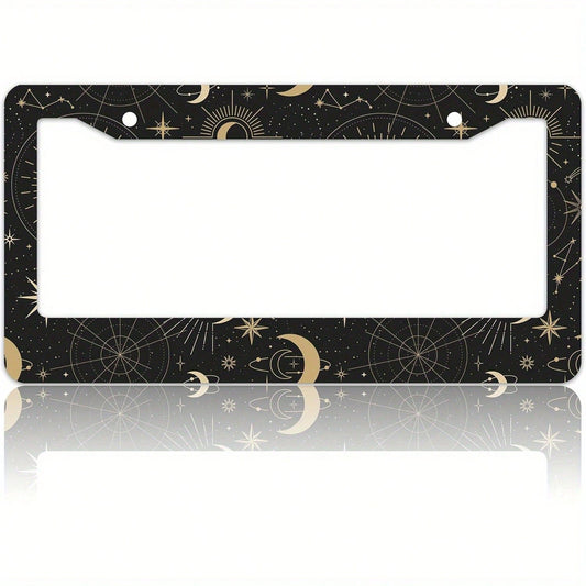 1PC Gold Sun, Moon, And Star License Plate Frame Bracket Car Accessory, Stainless Steel License Plate Holder, With Screws, Suitable For Both Men And Women, Dimensions Are 12.2inch X 6.3inch Cm