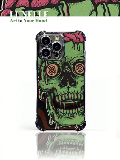 1pc Green Zombie Skull Art Pattern Electroplated Phone Case With 4-Corner Airbag Protection Drop & Impact Resistant Holiday Gift For Girlfriend Or Self-Use Compatible With Apple Phone 17 16 15 14 13 1