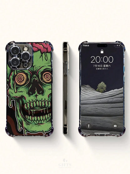 1pc Green Zombie Skull Art Pattern Electroplated Phone Case With 4-Corner Airbag Protection Drop & Impact Resistant Holiday Gift For Girlfriend Or Self-Use Compatible With Apple Phone 17 16 15 14 13 1