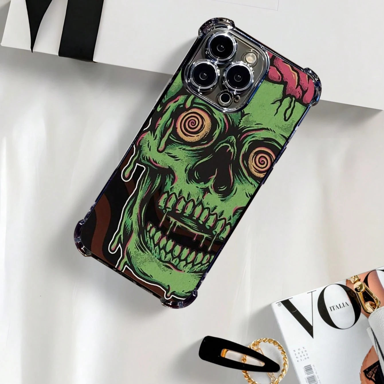 1pc Green Zombie Skull Art Pattern Electroplated Phone Case With 4-Corner Airbag Protection Drop & Impact Resistant Holiday Gift For Girlfriend Or Self-Use Compatible With Apple Phone 17 16 15 14 13 1