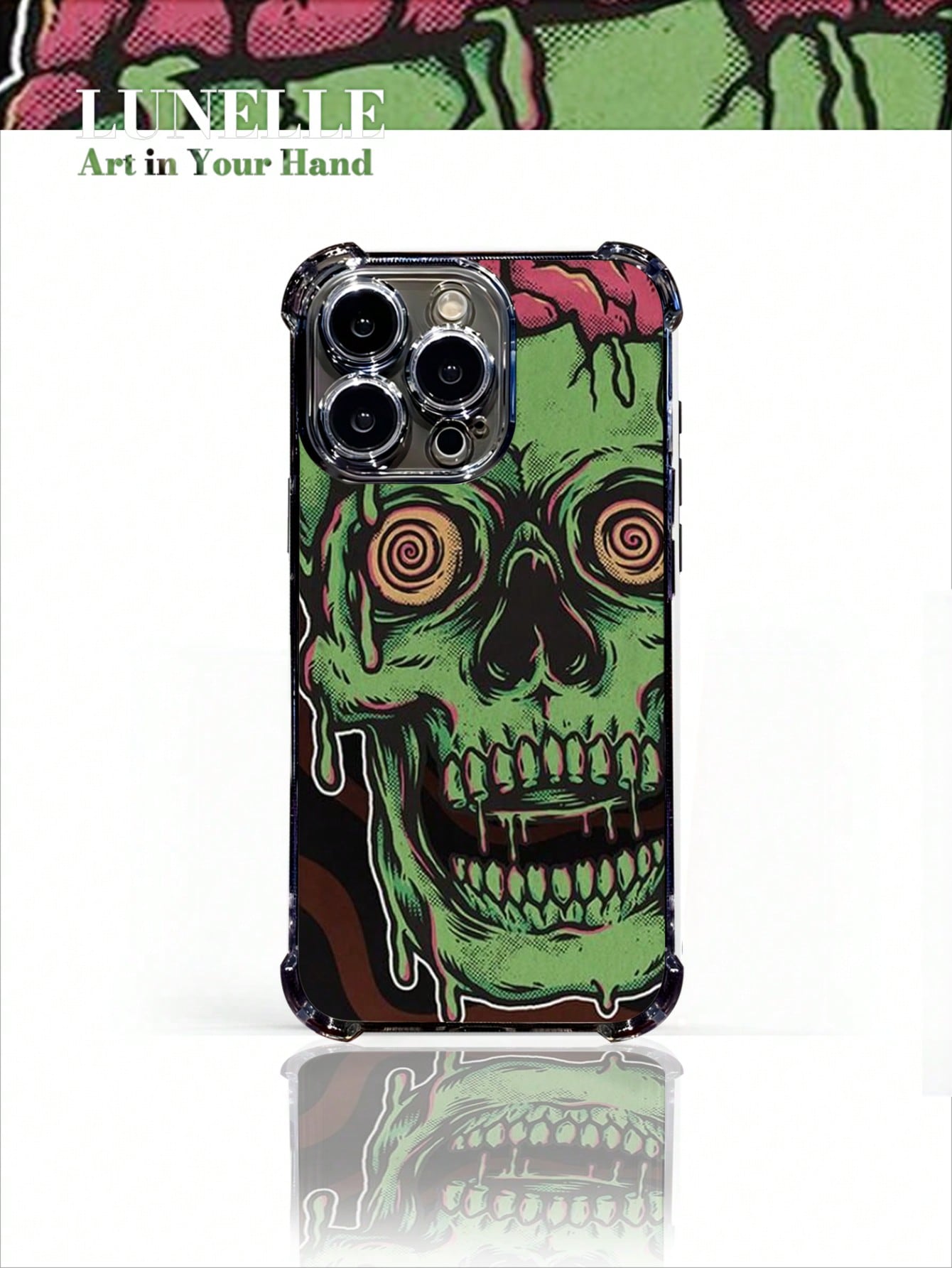 1pc Green Zombie Skull Art Pattern Electroplated Phone Case With 4-Corner Airbag Protection Drop & Impact Resistant Holiday Gift For Girlfriend Or Self-Use Compatible With Apple Phone 17 16 15 14 13 1