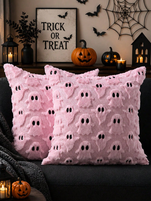 1pc Halloween Black Ghost Pillow Case, Soft Plush Faux Fur Wool Sofa Cushion Cover, Suitable For Chair, Sofa, Bedroom, Living Room Home Decor