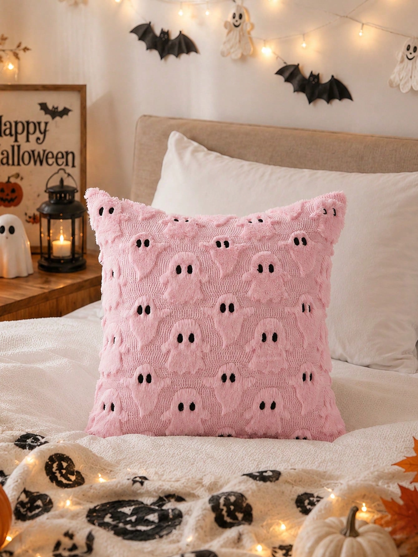 1pc Halloween Black Ghost Pillow Case, Soft Plush Faux Fur Wool Sofa Cushion Cover, Suitable For Chair, Sofa, Bedroom, Living Room Home Decor