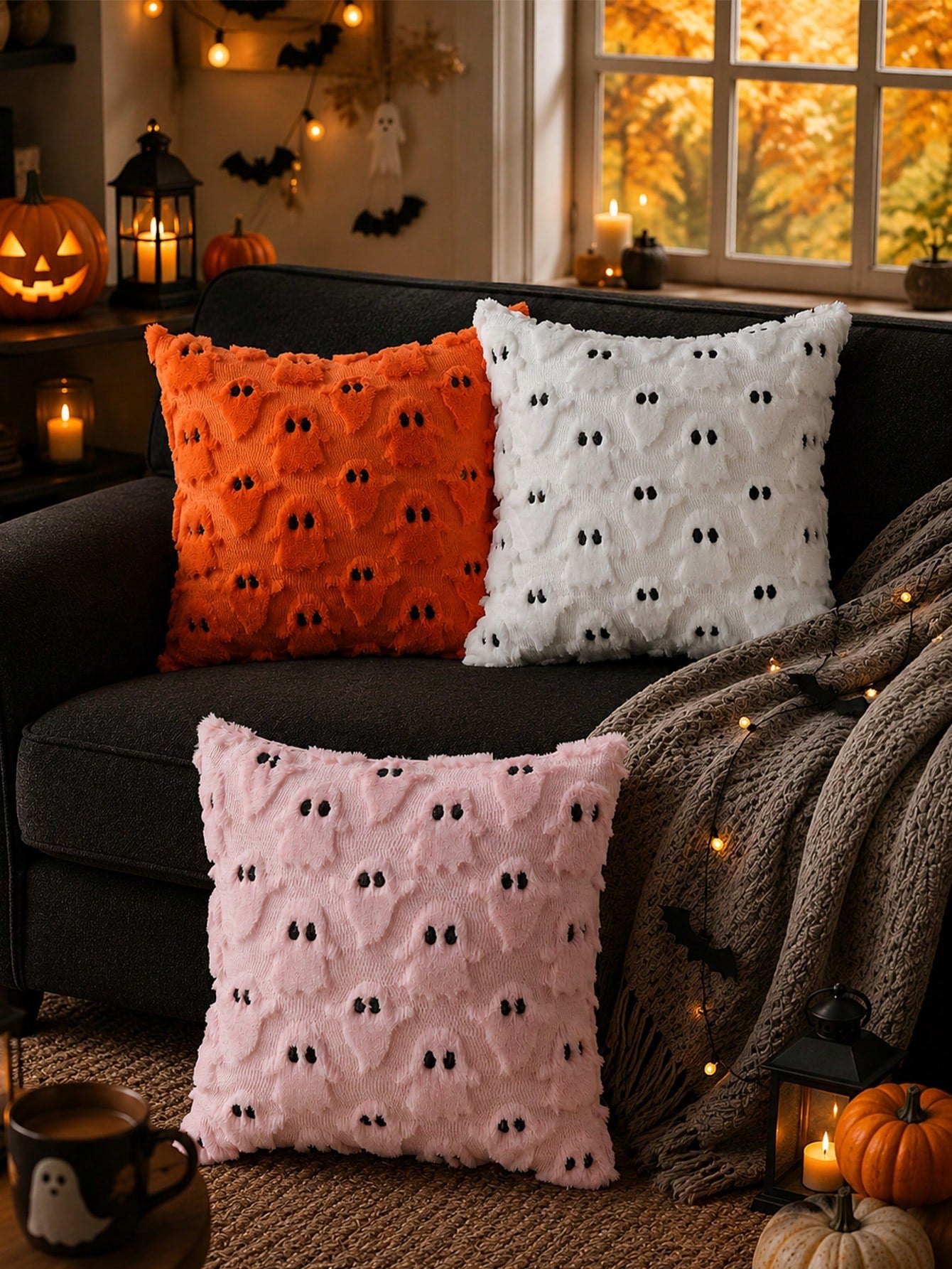 1pc Halloween Black Ghost Pillow Case, Soft Plush Faux Fur Wool Sofa Cushion Cover, Suitable For Chair, Sofa, Bedroom, Living Room Home Decor