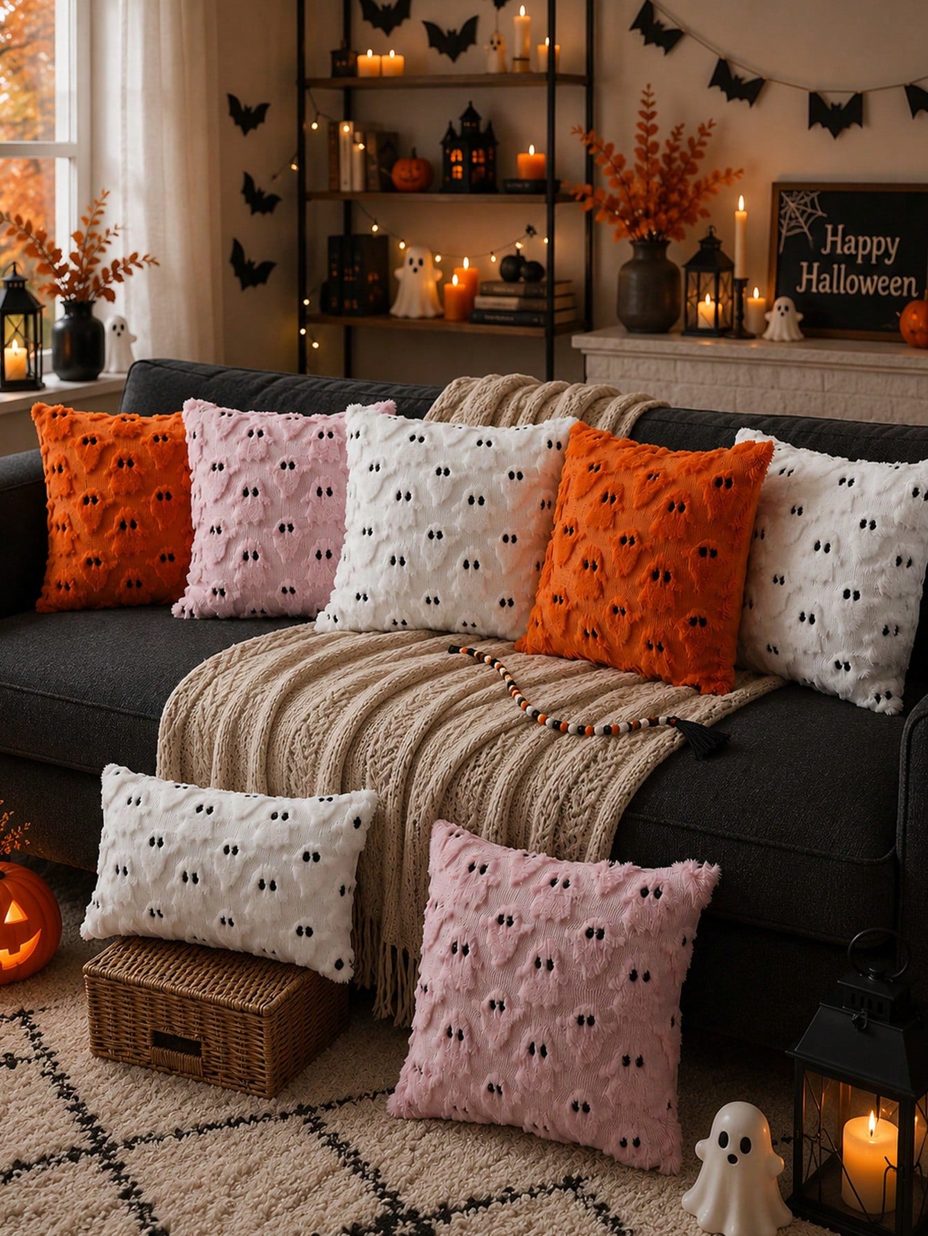 1pc Halloween Black Ghost Pillow Case, Soft Plush Faux Fur Wool Sofa Cushion Cover, Suitable For Chair, Sofa, Bedroom, Living Room Home Decor