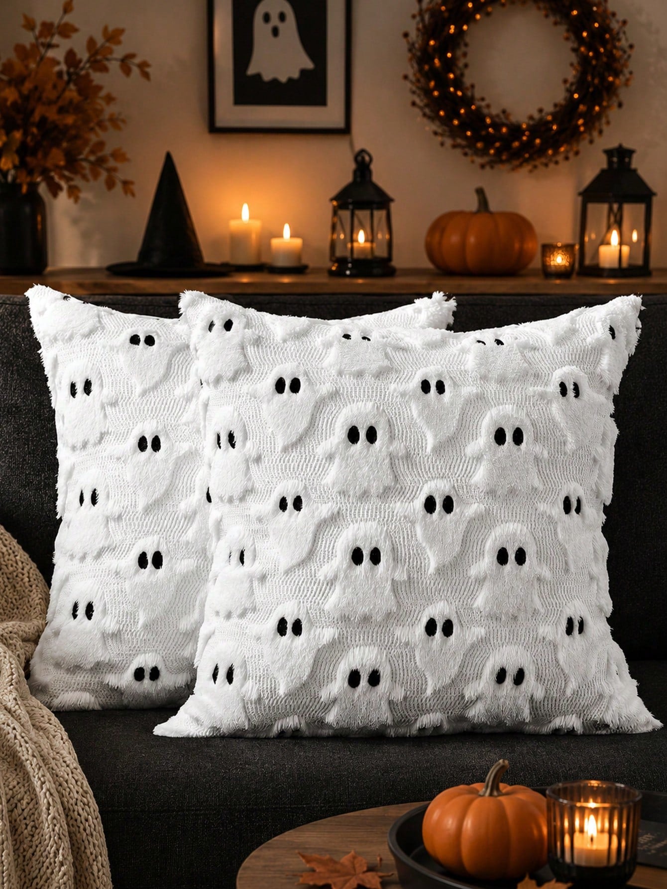 1pc Halloween Black Ghost Pillow Case, Soft Plush Faux Fur Wool Sofa Cushion Cover, Suitable For Chair, Sofa, Bedroom, Living Room Home Decor