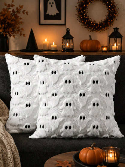 1pc Halloween Black Ghost Pillow Case, Soft Plush Faux Fur Wool Sofa Cushion Cover, Suitable For Chair, Sofa, Bedroom, Living Room Home Decor