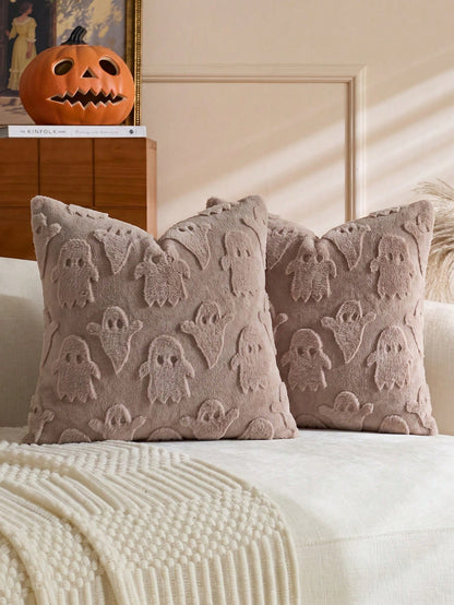 1pc Halloween Ghost Decorative Pillowcase, Front Jacquard Faux Rabbit Fur Ghost, Back Dutch Velvet Fabric, Square Cushion Cover, Holiday Home Pillowcase Decor, Soft Comfortable Velvet Fabric, Modern D