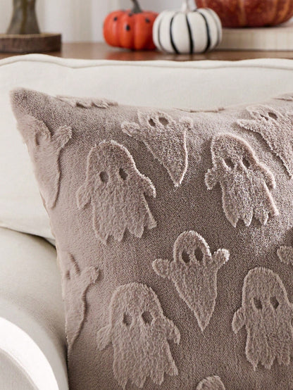 1pc Halloween Ghost Decorative Pillowcase, Front Jacquard Faux Rabbit Fur Ghost, Back Dutch Velvet Fabric, Square Cushion Cover, Holiday Home Pillowcase Decor, Soft Comfortable Velvet Fabric, Modern D