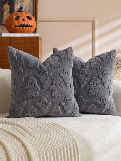 1pc Halloween Ghost Decorative Pillowcase, Front Jacquard Faux Rabbit Fur Ghost, Back Dutch Velvet Fabric, Square Cushion Cover, Holiday Home Pillowcase Decor, Soft Comfortable Velvet Fabric, Modern D