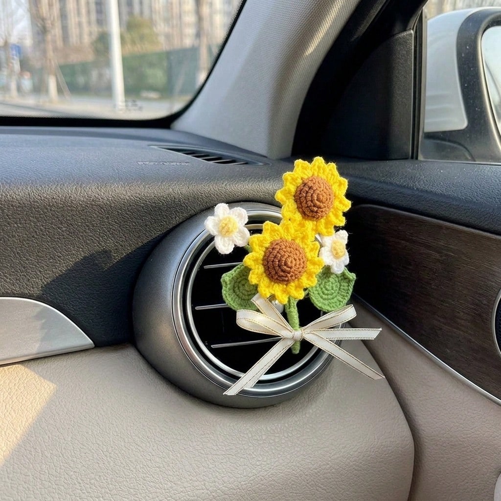 1Pc Handcrafted Woven Flower Decor, Sunflower Lily Of The Valley, Car Air Vent Clip For Vehicle Interior Styling