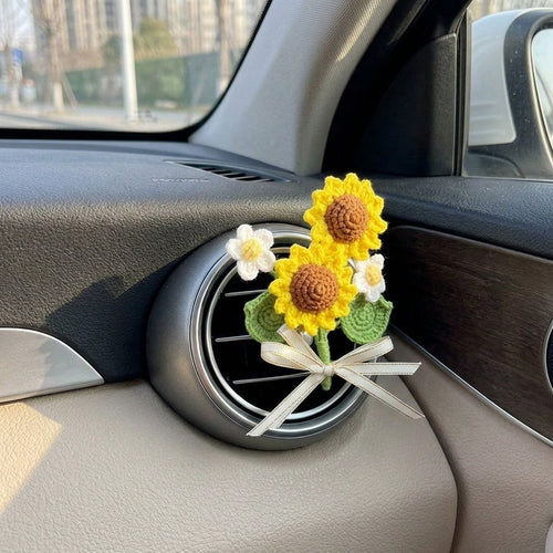 1Pc Handcrafted Woven Flower Decor, Sunflower Lily Of The Valley, Car Air Vent Clip For Vehicle Interior Styling