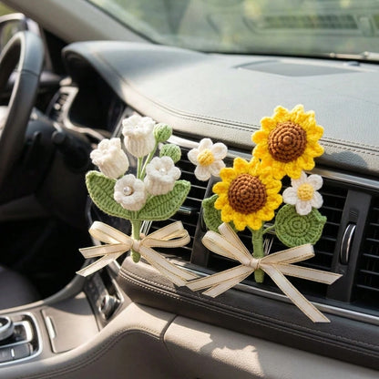1Pc Handcrafted Woven Flower Decor, Sunflower Lily Of The Valley, Car Air Vent Clip For Vehicle Interior Styling